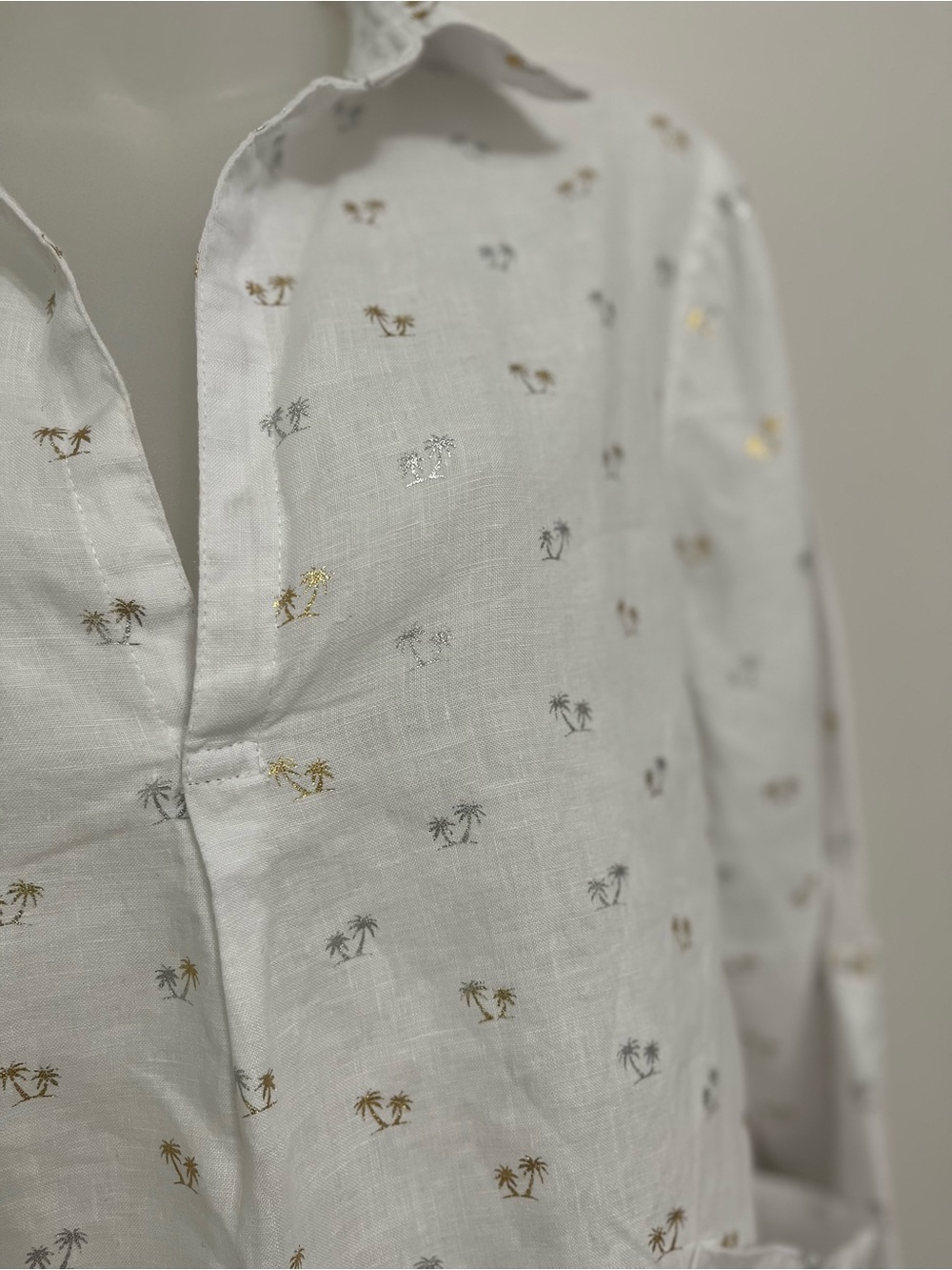 White Linen Tunic with Subtle Metallic Palm Tree Print
